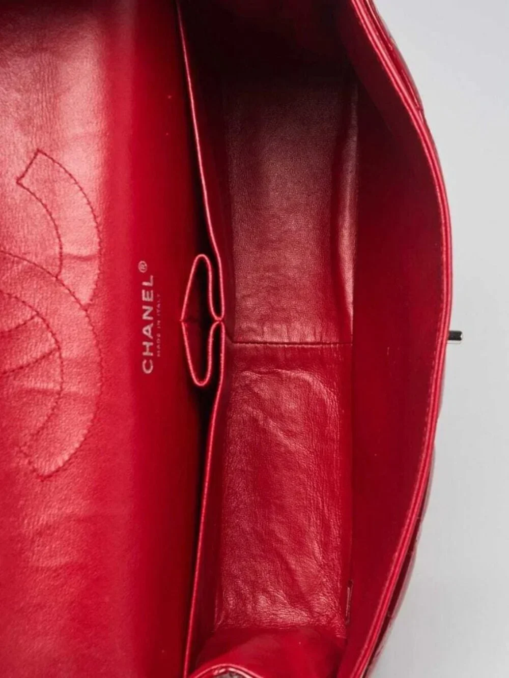 Chanel Red Quilted Patent Leather Classic Jumbo Double Flap Bag
